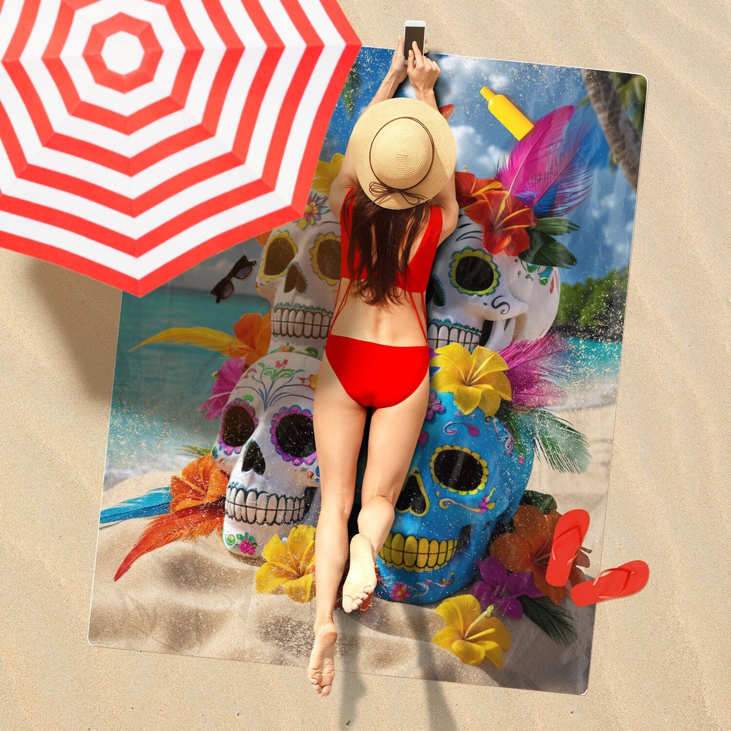 "Calaveras En La Playa" - Extra Large Beach Towel (50" x 70")