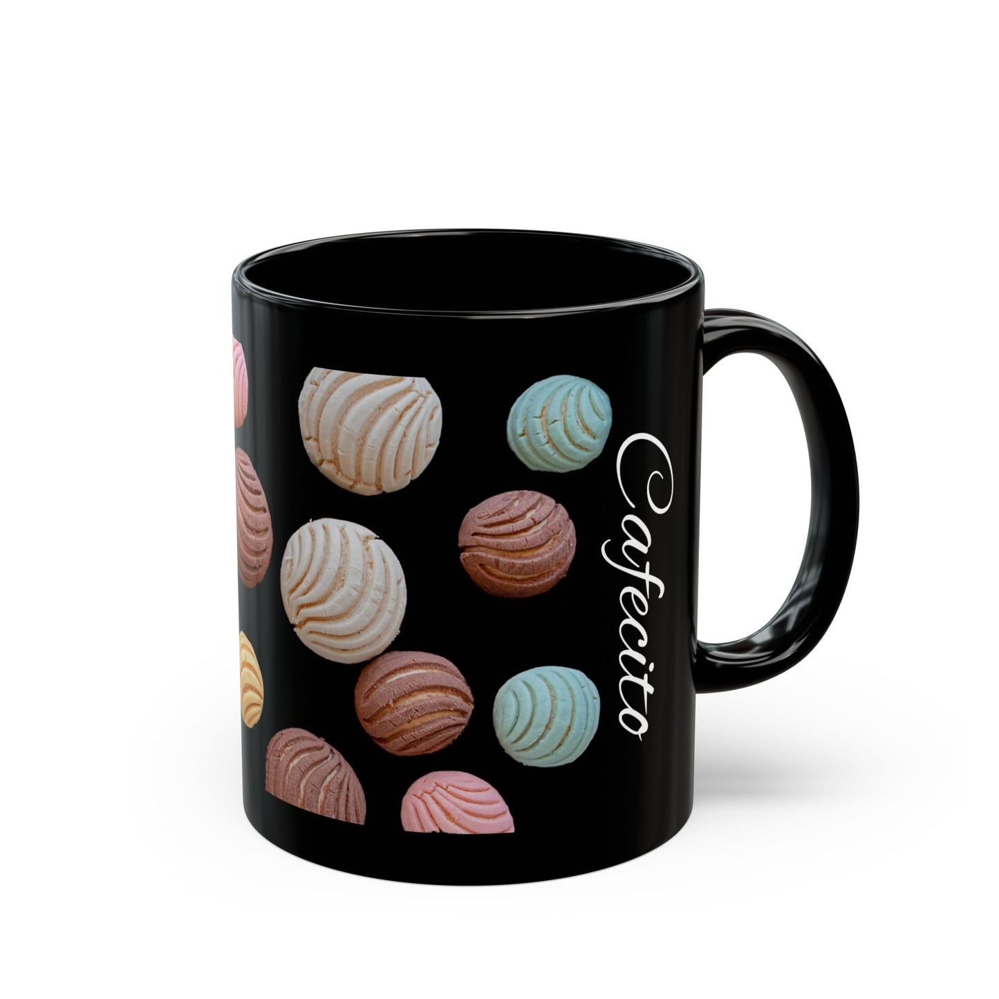 This black "Cafecito" ceramic mug has a vibrant design of Pan Dulce, showcasing love for sweet Mexican bread. Perfect for enjoying coffee or hot chocolate. Ideal for those who appreciate Mexican culture and delicious pastries.