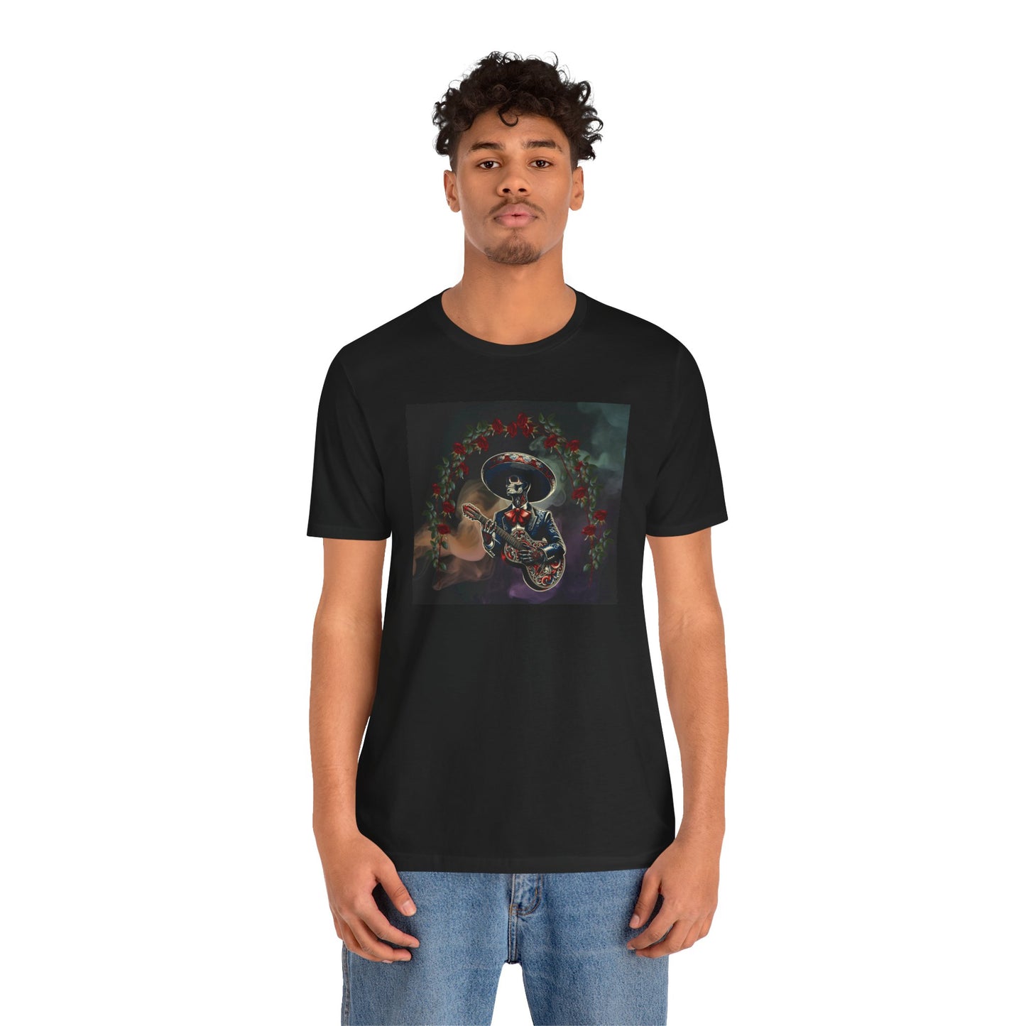 Get in the festive spirit with this mariachi skull serenade t-shirt. The unique design adds a touch of personality and edge to any outfit, making it perfect for casual wear. Ideal for Dia de Muertos celebrations or alternative style.