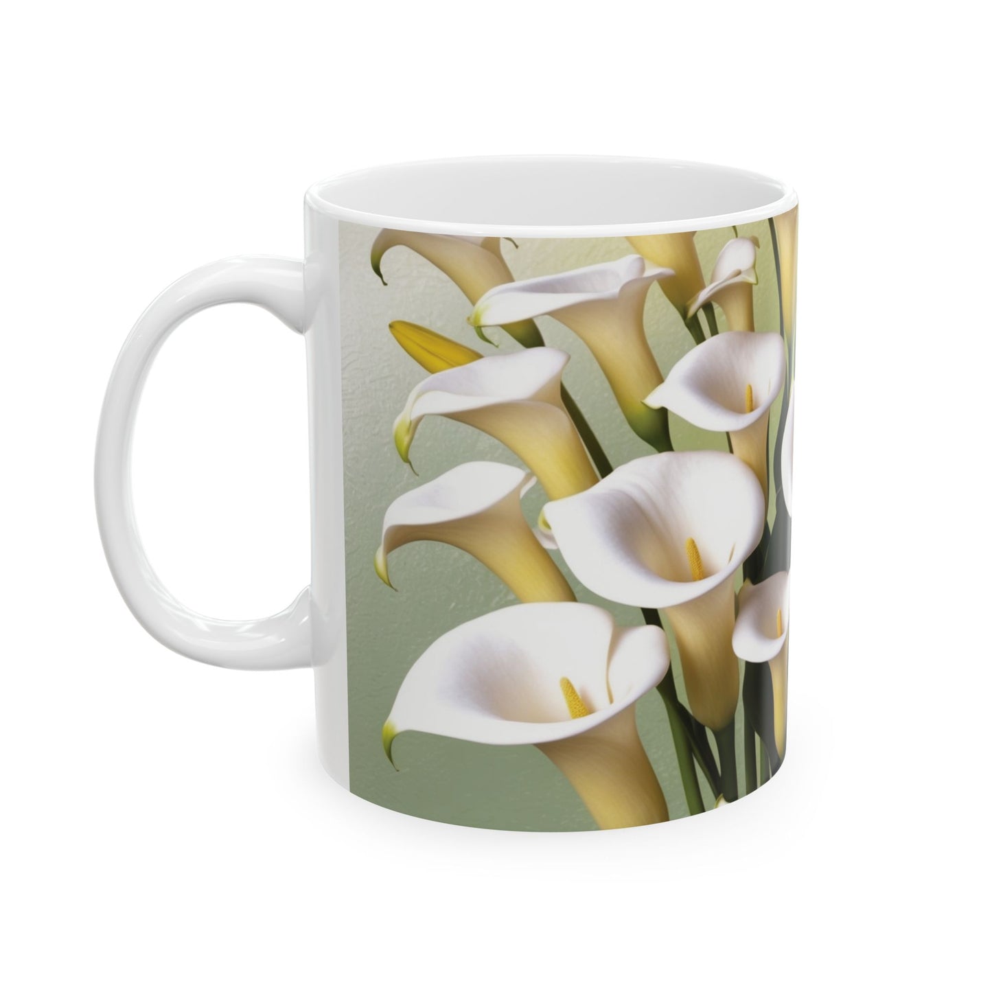 A beautiful ceramic mug featuring a design of calla lilies. Perfect for enjoying a cozy cup of coffee or tea, this mug adds a touch of elegance to your daily routine. Ideal for flower enthusiasts and nature lovers.