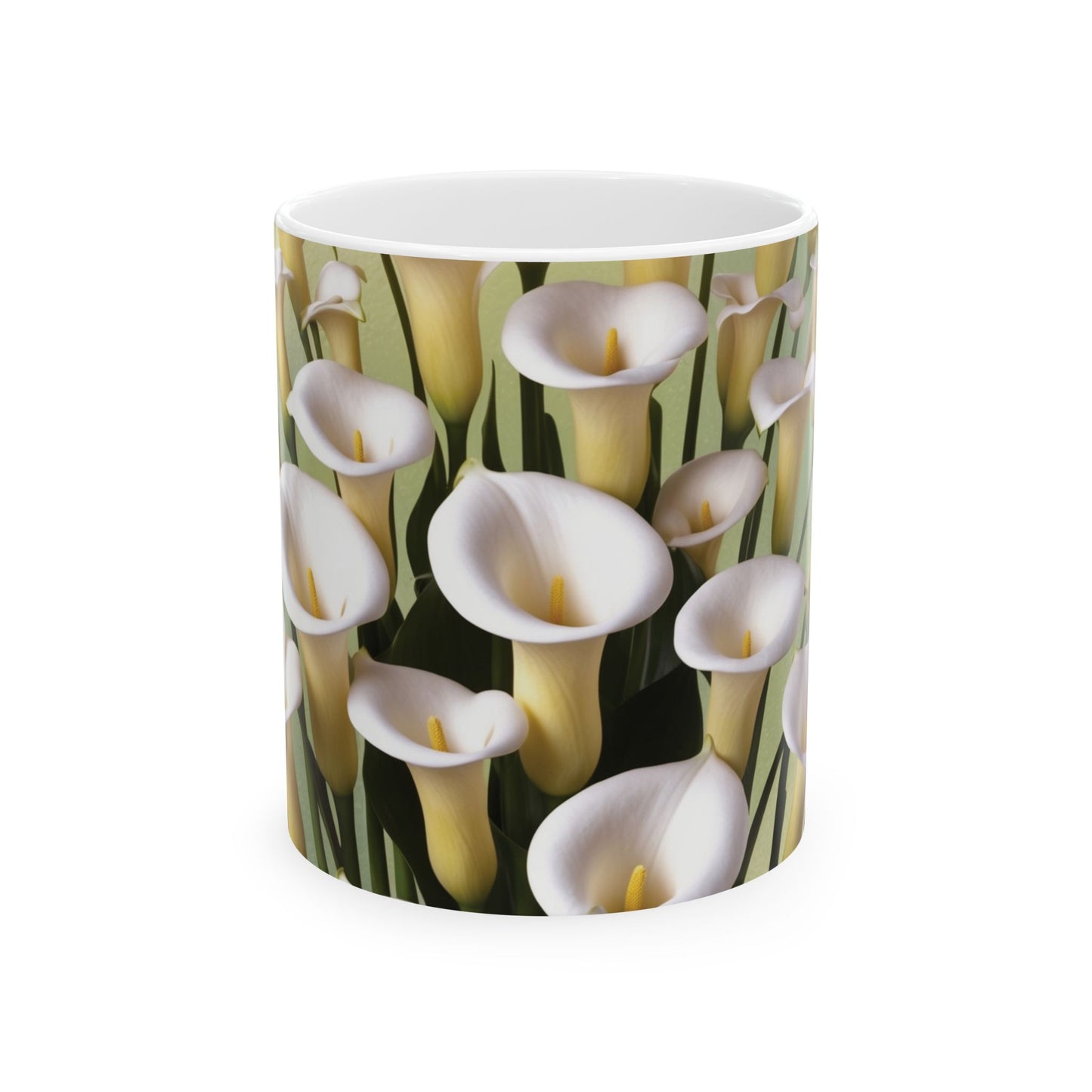 A beautiful ceramic mug featuring a design of calla lilies. Perfect for enjoying a cozy cup of coffee or tea, this mug adds a touch of elegance to your daily routine. Ideal for flower enthusiasts and nature lovers.