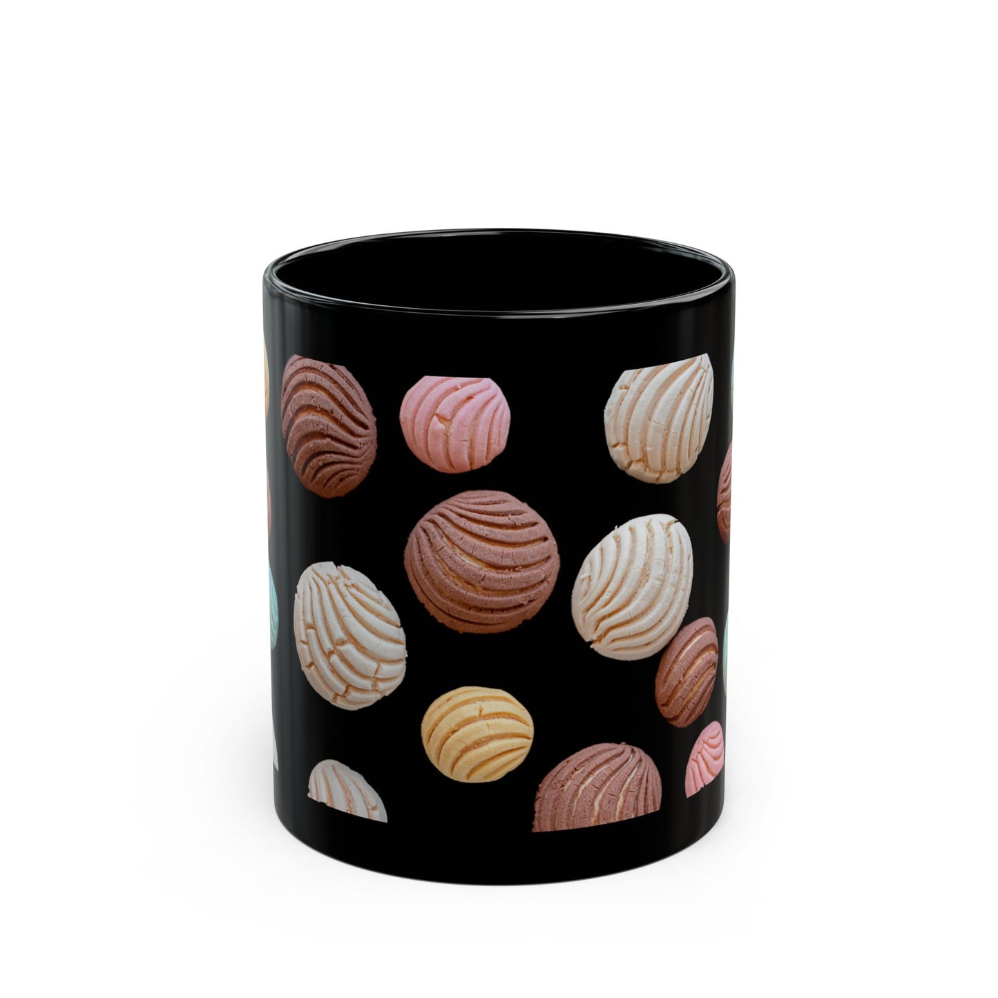 This black "Cafecito" ceramic mug has a vibrant design of Pan Dulce, showcasing love for sweet Mexican bread. Perfect for enjoying coffee or hot chocolate. Ideal for those who appreciate Mexican culture and delicious pastries.