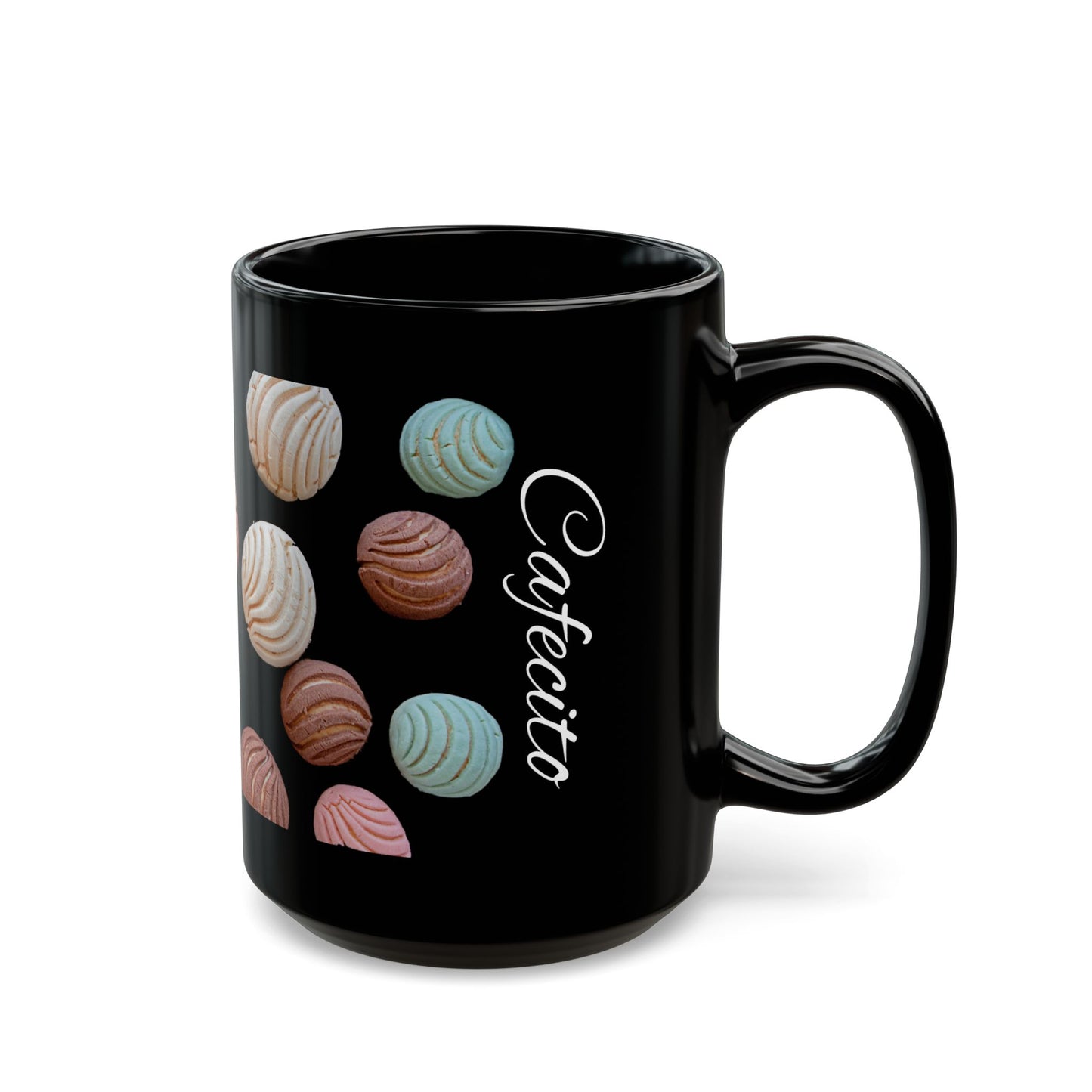 This black "Cafecito" ceramic mug has a vibrant design of Pan Dulce, showcasing love for sweet Mexican bread. Perfect for enjoying coffee or hot chocolate. Ideal for those who appreciate Mexican culture and delicious pastries.