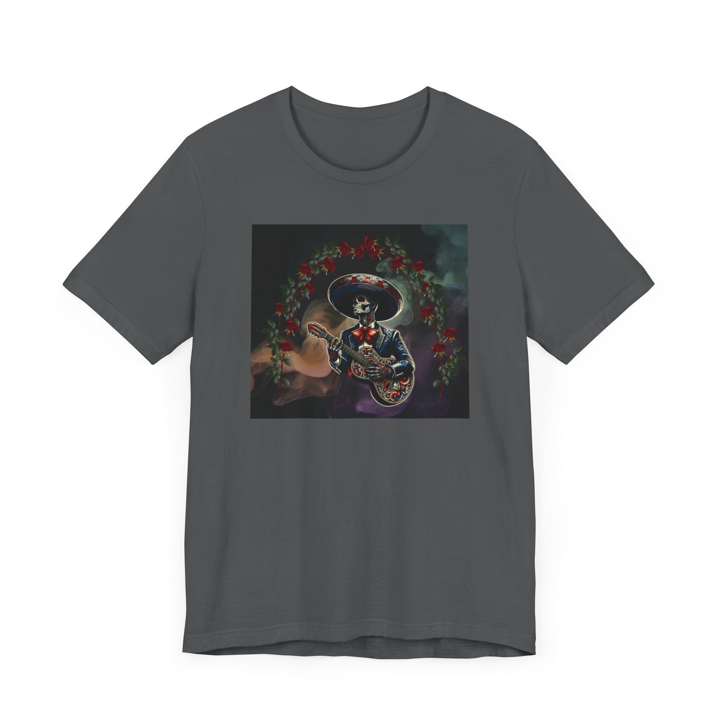 Get in the festive spirit with this mariachi skull serenade t-shirt. The unique design adds a touch of personality and edge to any outfit, making it perfect for casual wear. Ideal for Dia de Muertos celebrations or alternative style.