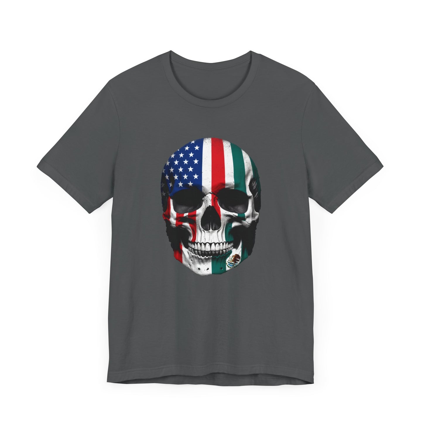 This patriotic Tshirt featuring a USA/Mexico Skull design is perfect for those who want to show their national pride. Ideal for active and leisure wear, this Tshirt is relevant for holidays like Independence Day or Cinco de Mayo.