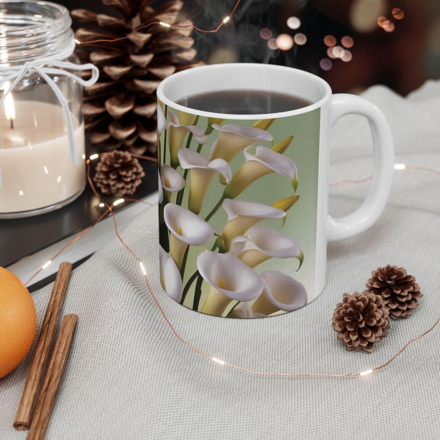 A beautiful ceramic mug featuring a design of calla lilies. Perfect for enjoying a cozy cup of coffee or tea, this mug adds a touch of elegance to your daily routine. Ideal for flower enthusiasts and nature lovers.