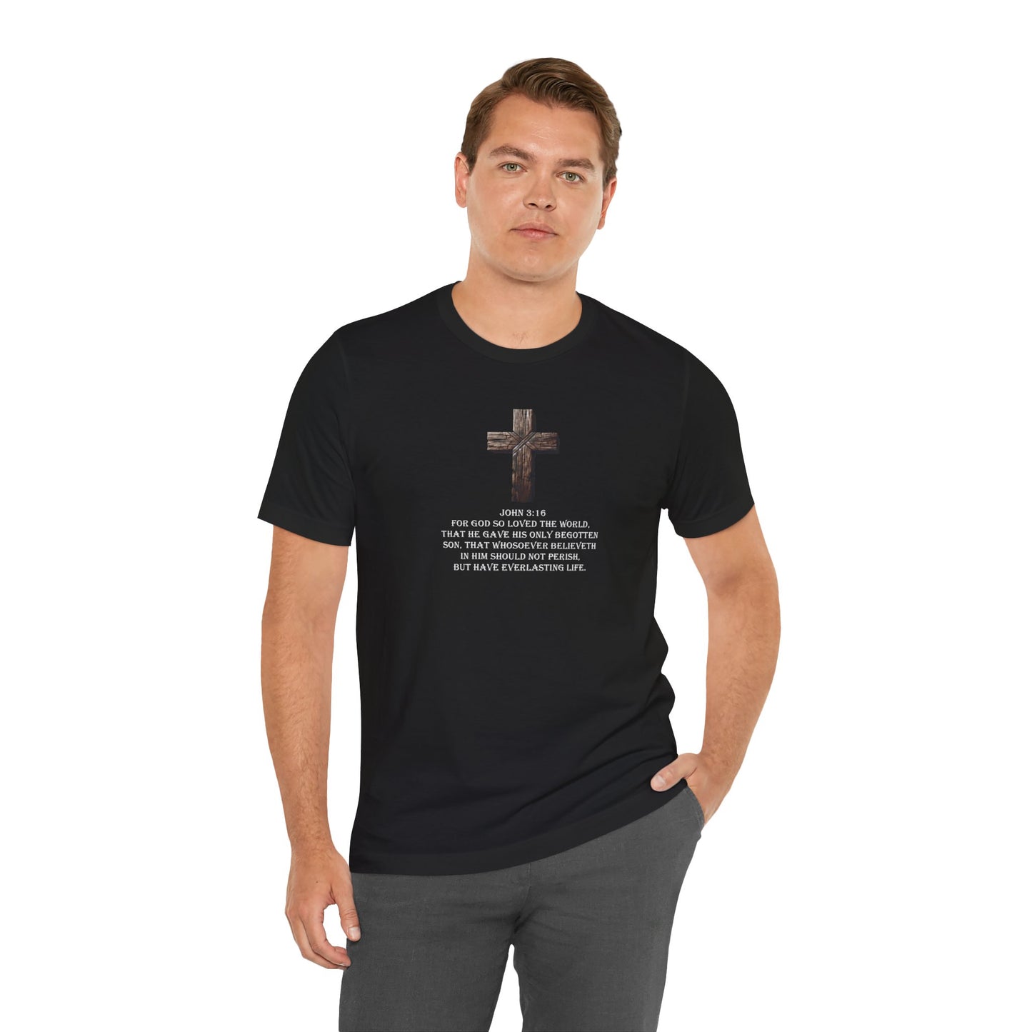 This Christian verse T-shirt featuring John 3:16 provides a meaningful and inspirational touch to your everyday wardrobe. Perfect for those who want to express their faith and share their beliefs with others.