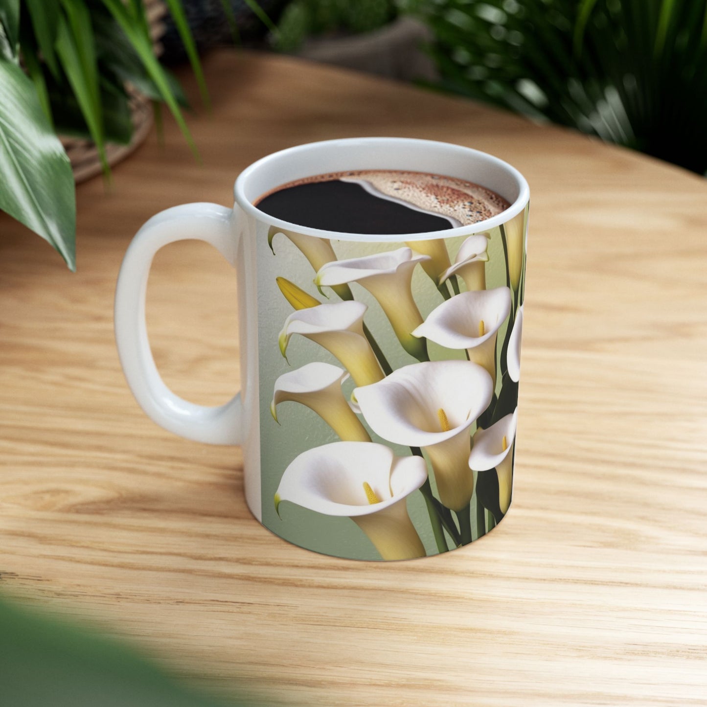 A beautiful ceramic mug featuring a design of calla lilies. Perfect for enjoying a cozy cup of coffee or tea, this mug adds a touch of elegance to your daily routine. Ideal for flower enthusiasts and nature lovers.