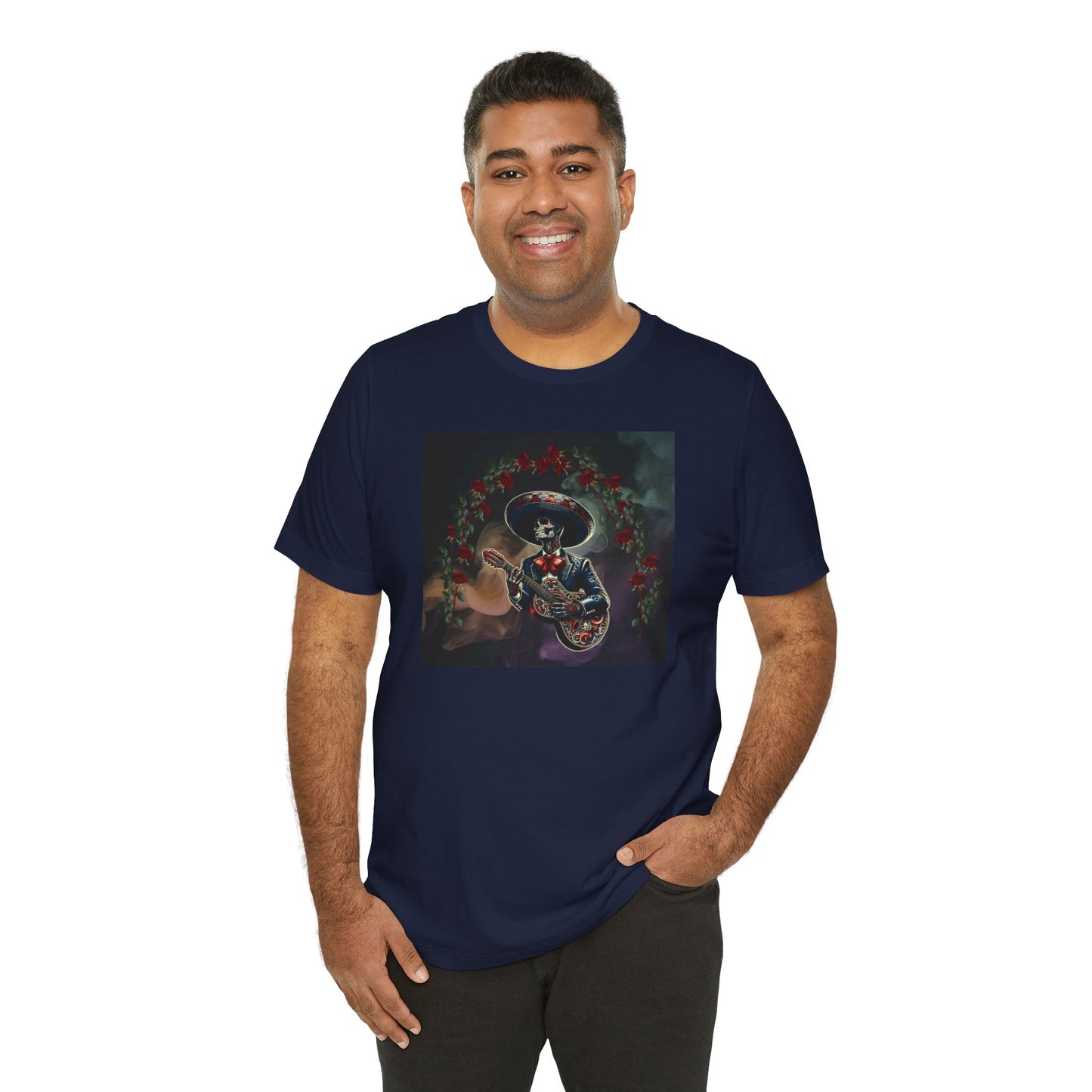 Get in the festive spirit with this mariachi skull serenade t-shirt. The unique design adds a touch of personality and edge to any outfit, making it perfect for casual wear. Ideal for Dia de Muertos celebrations or alternative style.