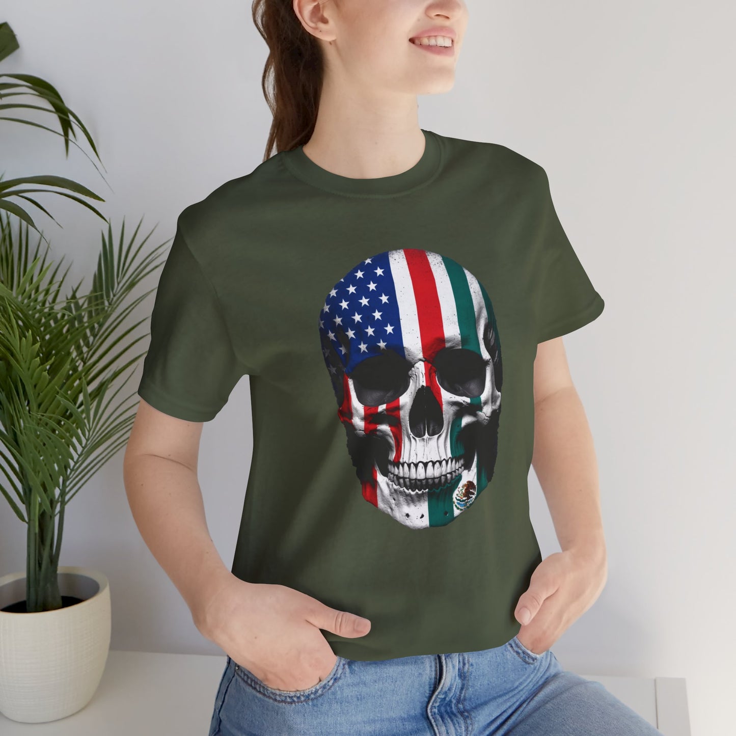 This patriotic Tshirt featuring a USA/Mexico Skull design is perfect for those who want to show their national pride. Ideal for active and leisure wear, this Tshirt is relevant for holidays like Independence Day or Cinco de Mayo.