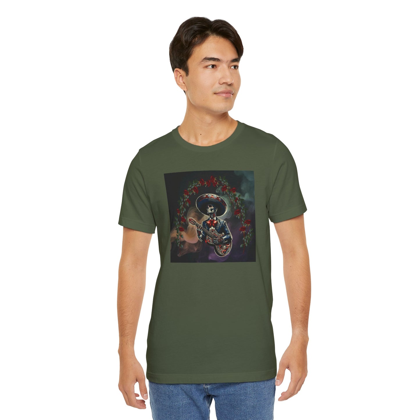 Get in the festive spirit with this mariachi skull serenade t-shirt. The unique design adds a touch of personality and edge to any outfit, making it perfect for casual wear. Ideal for Dia de Muertos celebrations or alternative style.