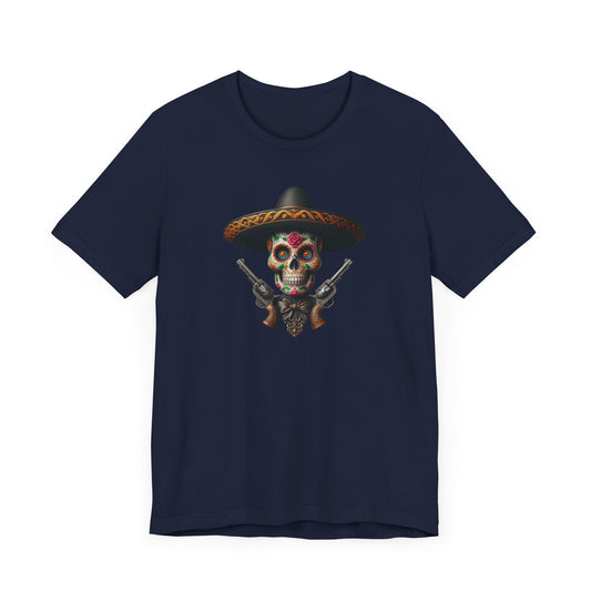 Celebrate Mexican culture and pride with this vibrant Sugar Skull T-Shirt. Perfect for anyone who loves Charro skulls and wants to showcase their love for Viva Mexico. Ideal for casual wear and cultural celebrations.