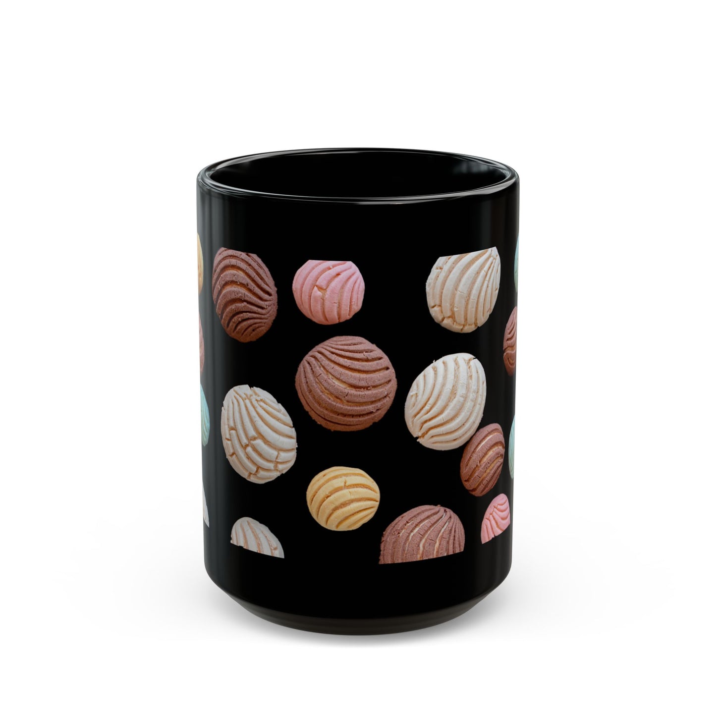 This black "Cafecito" ceramic mug has a vibrant design of Pan Dulce, showcasing love for sweet Mexican bread. Perfect for enjoying coffee or hot chocolate. Ideal for those who appreciate Mexican culture and delicious pastries.