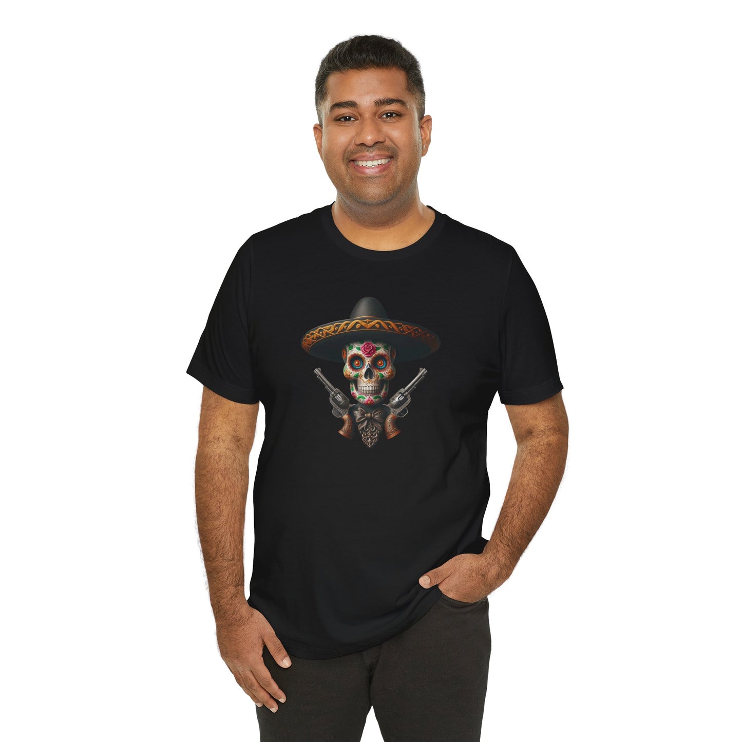 Celebrate Mexican culture and pride with this vibrant Sugar Skull T-Shirt. Perfect for anyone who loves Charro skulls and wants to showcase their love for Viva Mexico. Ideal for casual wear and cultural celebrations.