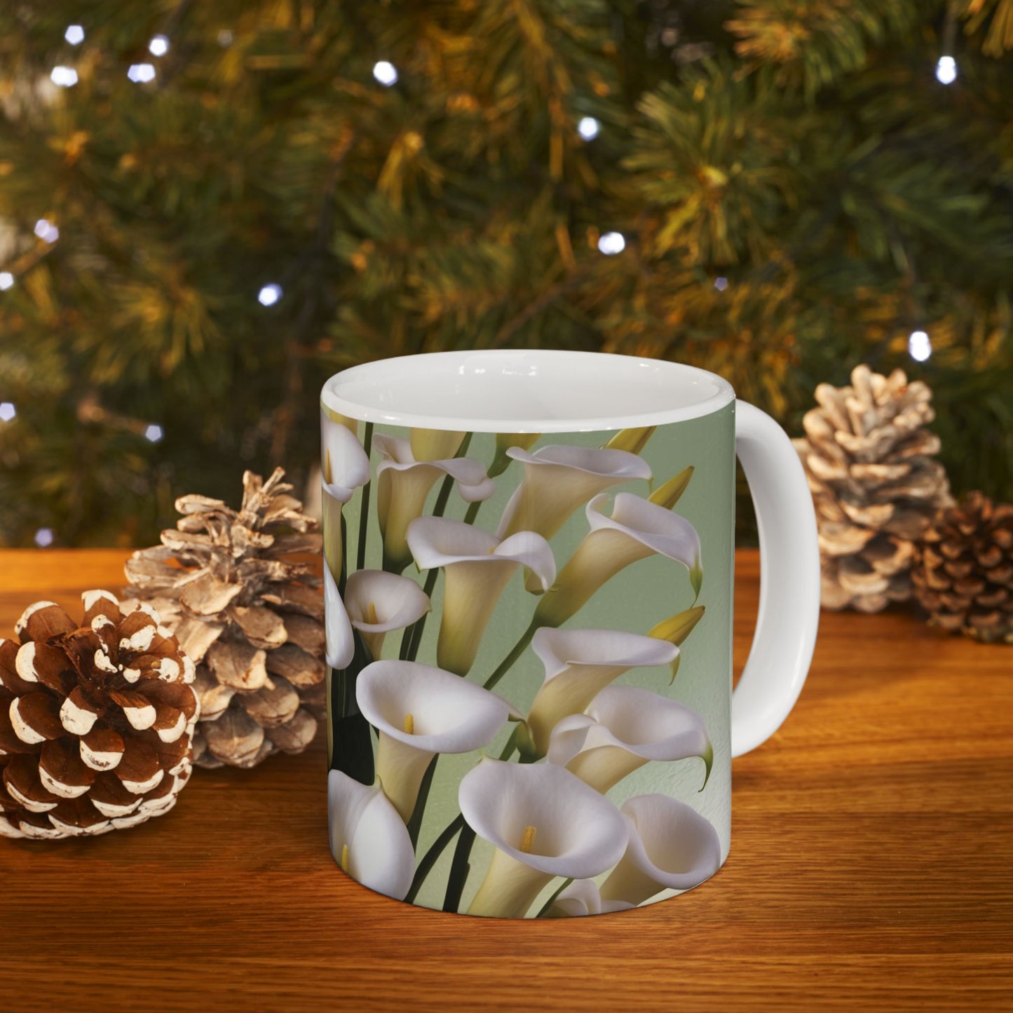 A beautiful ceramic mug featuring a design of calla lilies. Perfect for enjoying a cozy cup of coffee or tea, this mug adds a touch of elegance to your daily routine. Ideal for flower enthusiasts and nature lovers.