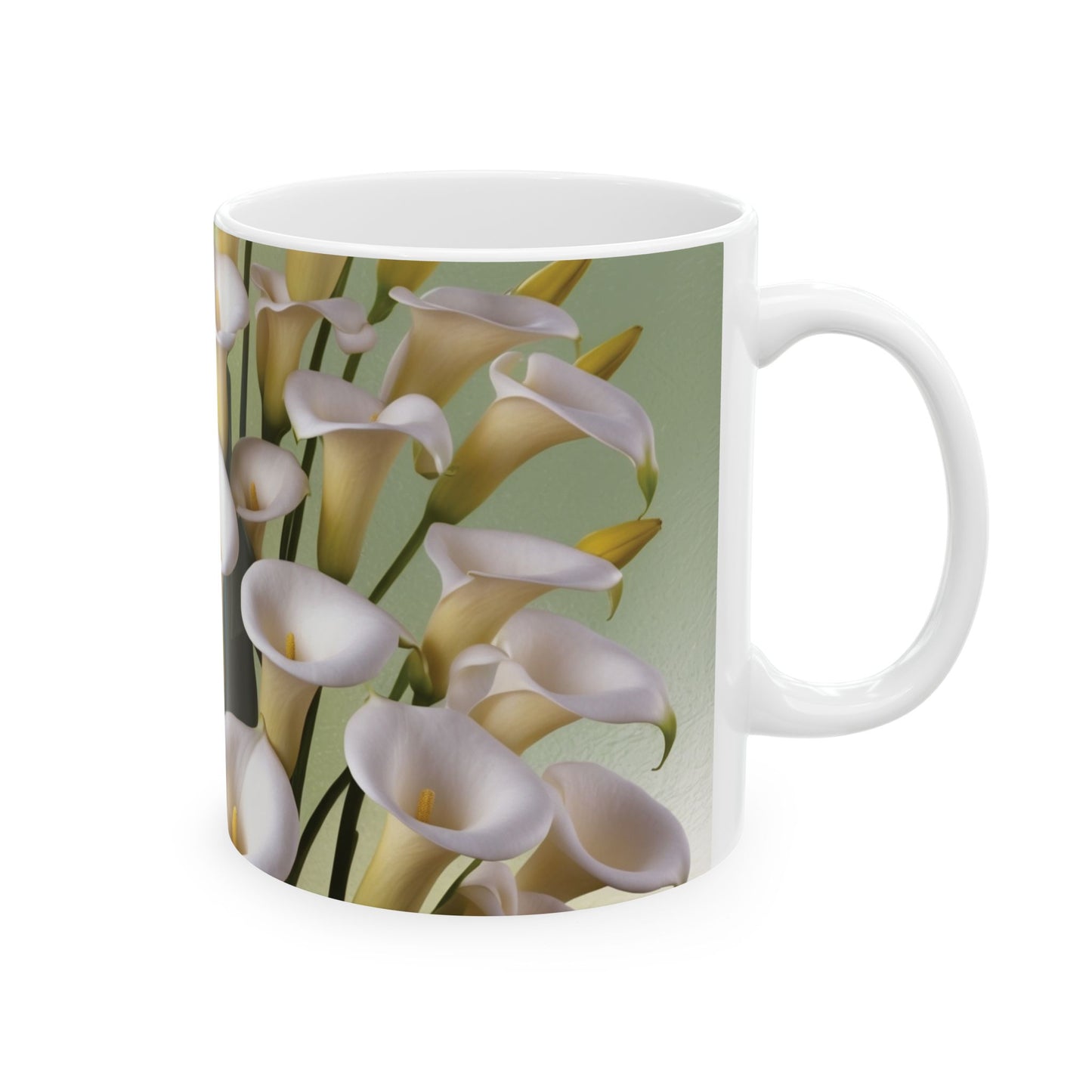 A beautiful ceramic mug featuring a design of calla lilies. Perfect for enjoying a cozy cup of coffee or tea, this mug adds a touch of elegance to your daily routine. Ideal for flower enthusiasts and nature lovers.