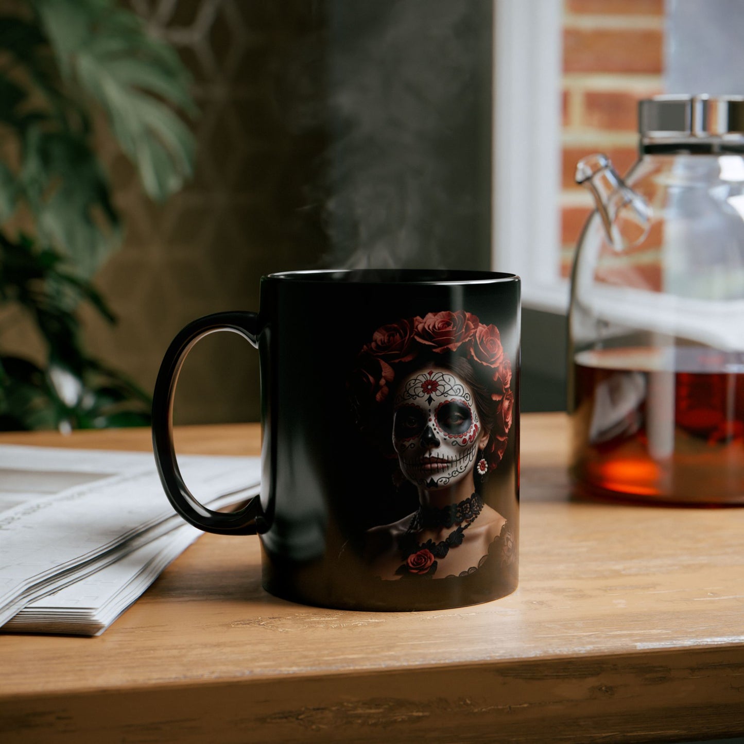 Elevate your morning coffee routine with this Catrina Coffee Mug featuring a Sugar Skull design. Perfect for those who love a touch of edge and intrigue in their everyday life. Ideal for Halloween, Dia de los Muertos, or Goth enthusiasts.