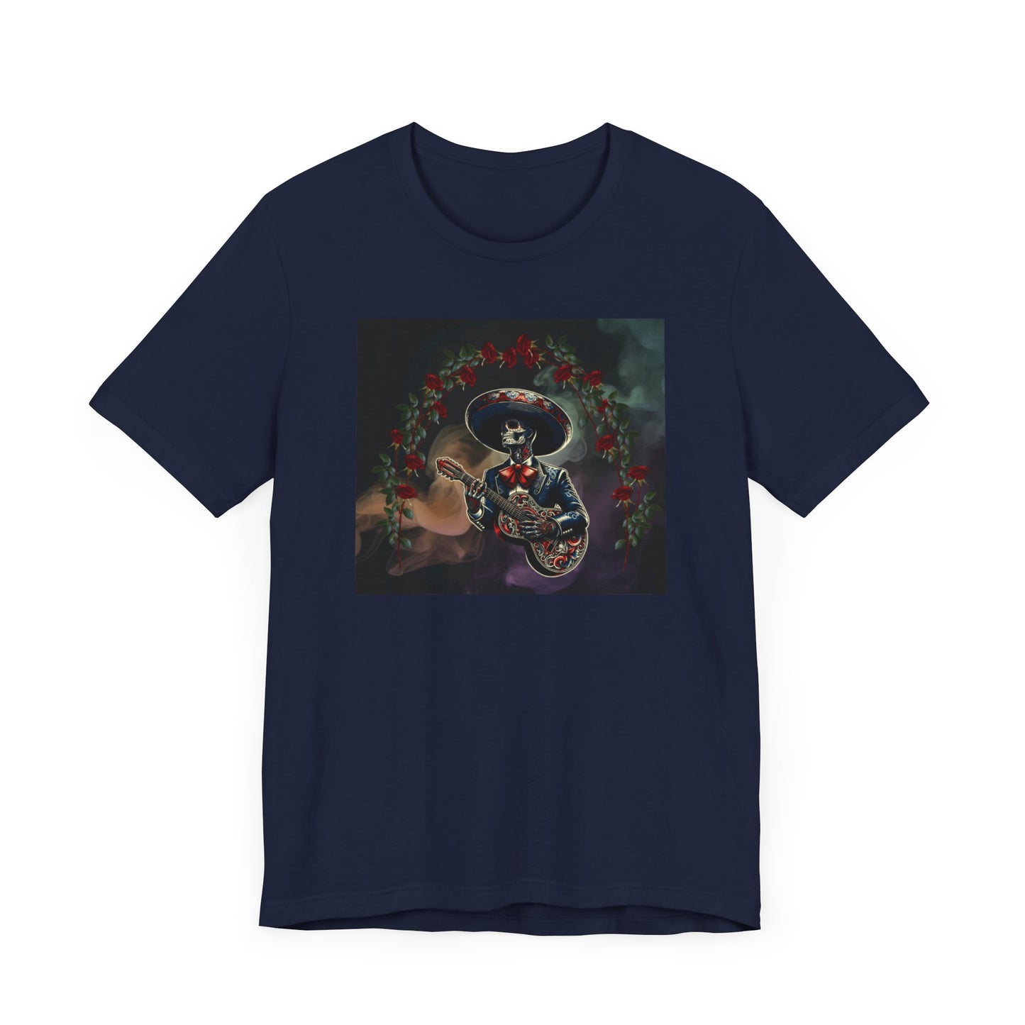 Get in the festive spirit with this mariachi skull serenade t-shirt. The unique design adds a touch of personality and edge to any outfit, making it perfect for casual wear. Ideal for Dia de Muertos celebrations or alternative style.