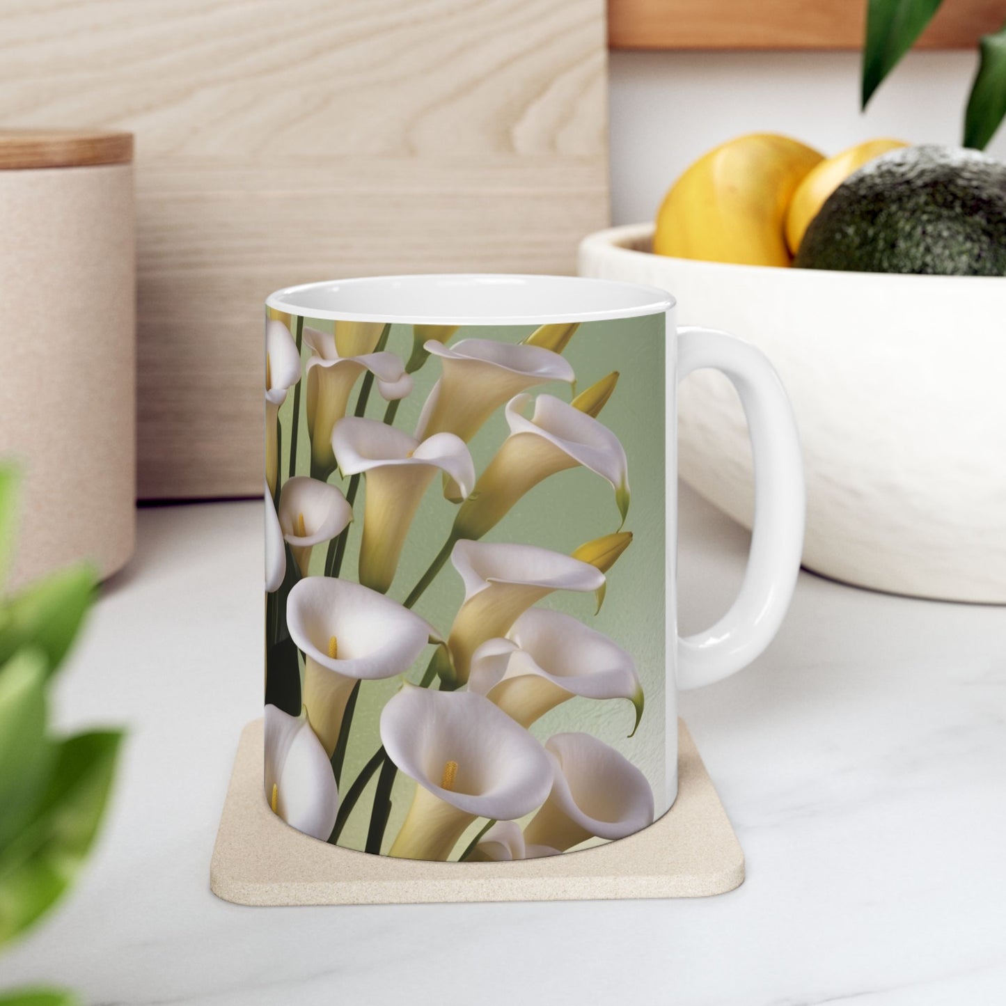 A beautiful ceramic mug featuring a design of calla lilies. Perfect for enjoying a cozy cup of coffee or tea, this mug adds a touch of elegance to your daily routine. Ideal for flower enthusiasts and nature lovers.