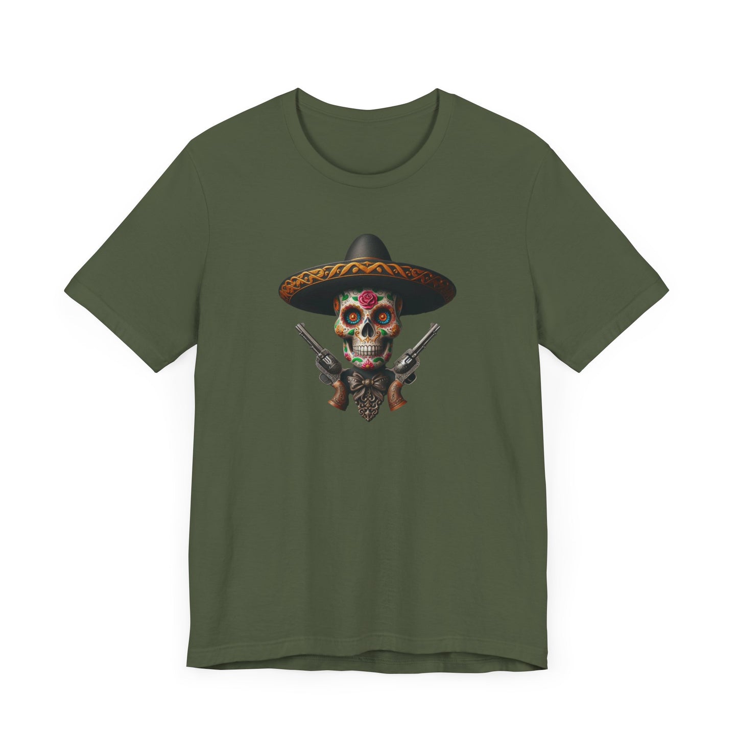 Celebrate Mexican culture and pride with this vibrant Sugar Skull T-Shirt. Perfect for anyone who loves Charro skulls and wants to showcase their love for Viva Mexico. Ideal for casual wear and cultural celebrations.