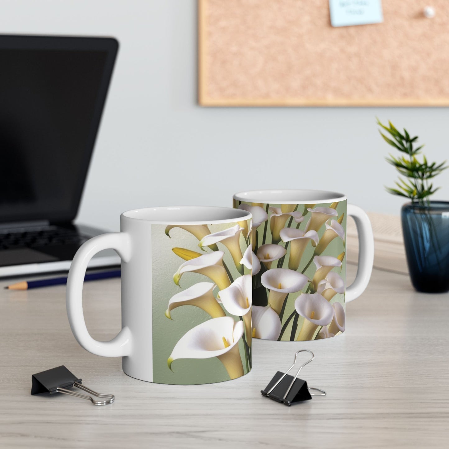 A beautiful ceramic mug featuring a design of calla lilies. Perfect for enjoying a cozy cup of coffee or tea, this mug adds a touch of elegance to your daily routine. Ideal for flower enthusiasts and nature lovers.