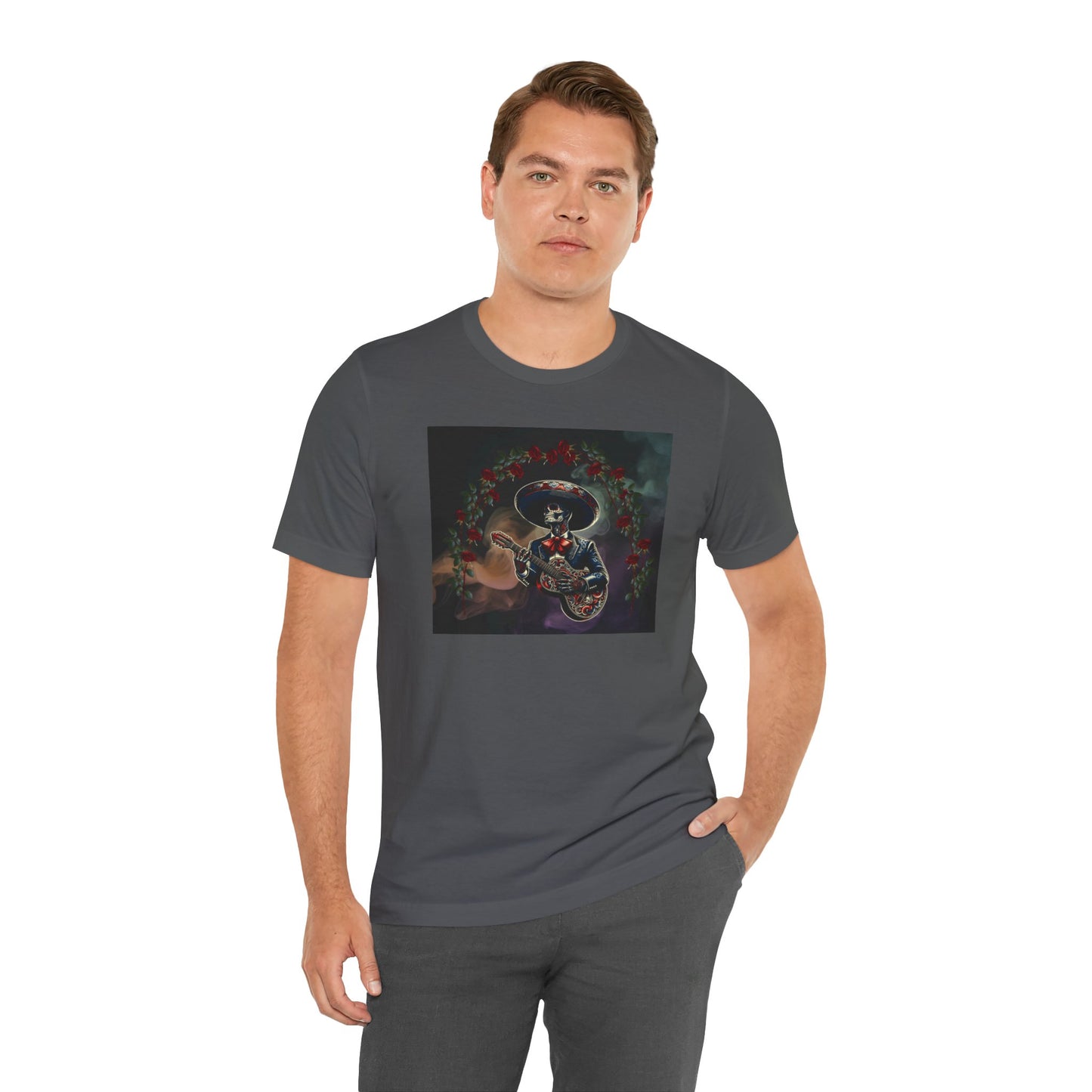 Get in the festive spirit with this mariachi skull serenade t-shirt. The unique design adds a touch of personality and edge to any outfit, making it perfect for casual wear. Ideal for Dia de Muertos celebrations or alternative style.