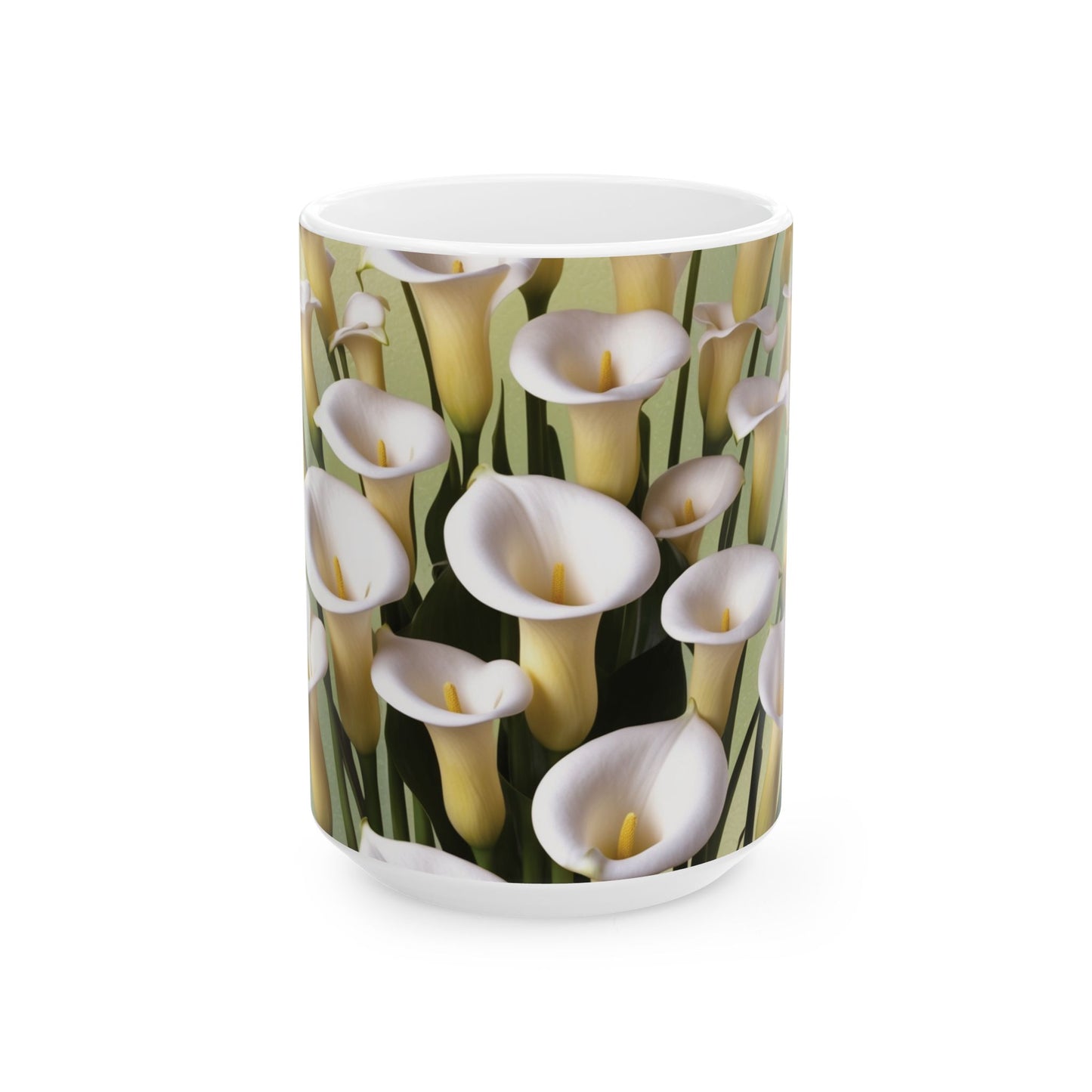 A beautiful ceramic mug featuring a design of calla lilies. Perfect for enjoying a cozy cup of coffee or tea, this mug adds a touch of elegance to your daily routine. Ideal for flower enthusiasts and nature lovers.