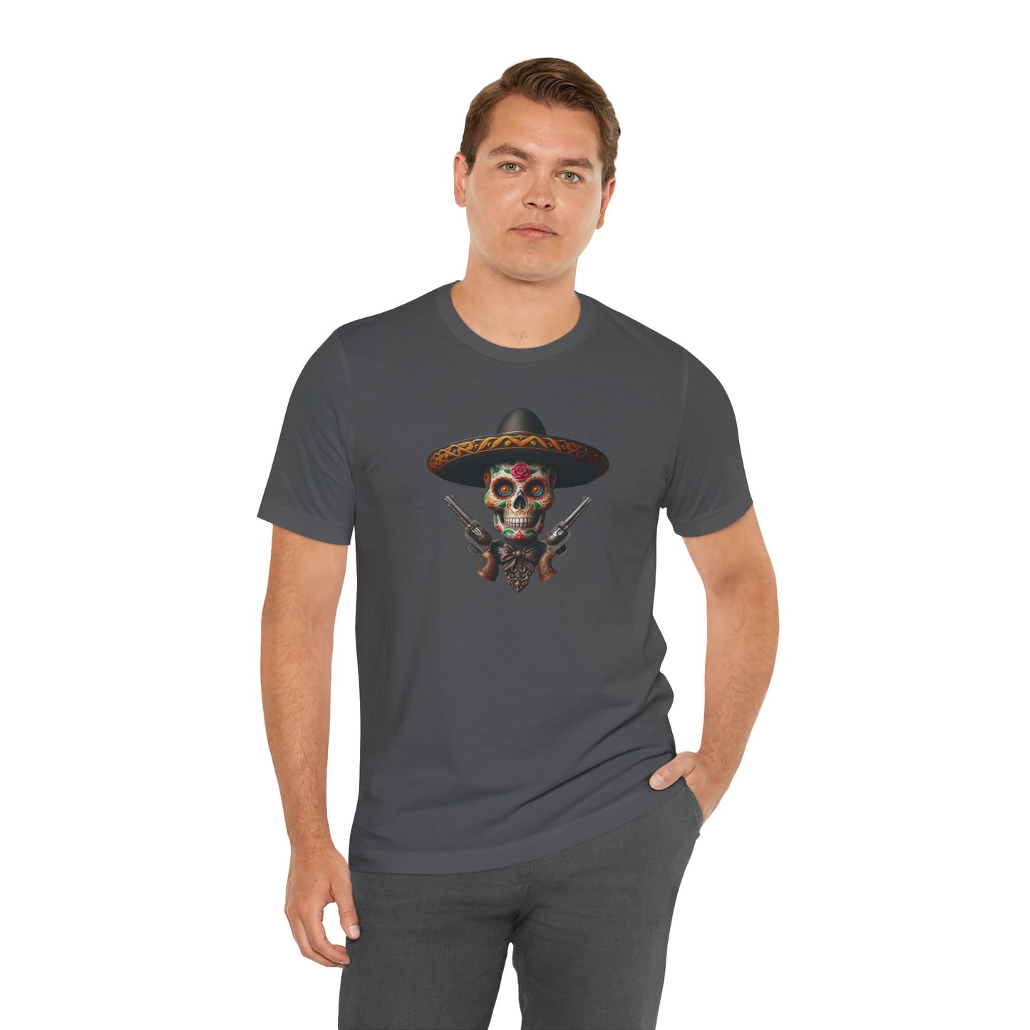 Celebrate Mexican culture and pride with this vibrant Sugar Skull T-Shirt. Perfect for anyone who loves Charro skulls and wants to showcase their love for Viva Mexico. Ideal for casual wear and cultural celebrations.