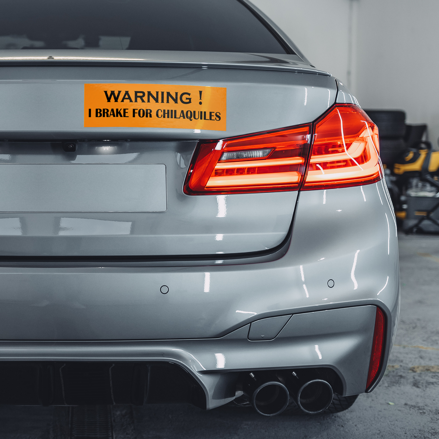 I_BRAKE_FOR_CHILAQUILES_-_Vinyl_bumper_WhiteBumperSticker-GrayCar_Mockup.png