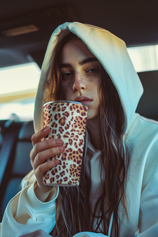 This Leopard Print Tumbler is a stylish and durable 20oz tumbler, perfect for keeping your drinks hot or cold. Its sleek design adds a touch of wildlife to your day. Whether on the go or relaxing at home, this tumbler is the perfect companion.