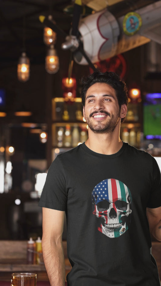 This patriotic Tshirt featuring a USA/Mexico Skull design is perfect for those who want to show their national pride. Ideal for active and leisure wear, this Tshirt is relevant for holidays like Independence Day or Cinco de Mayo.